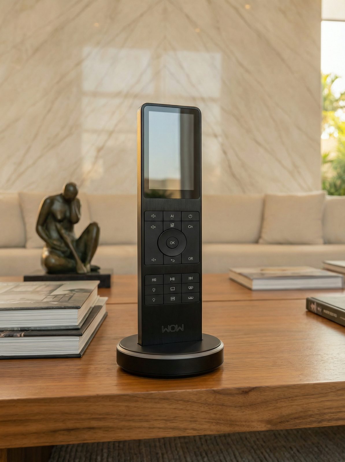 Controle central da casa em base de recarga sobre a mesa de centro
